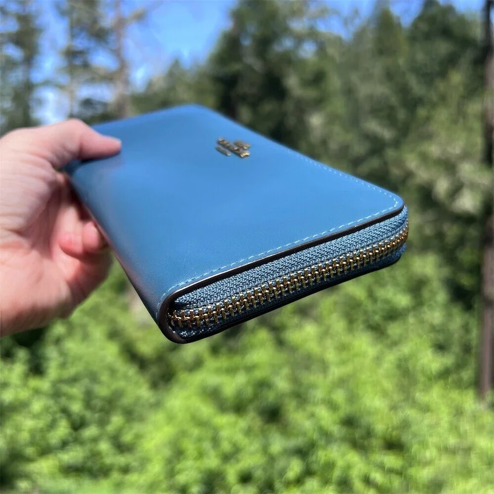 COACH Long Zip-Around Wallet Blue Smooth Leather with Brassy Gold Logo Hardware